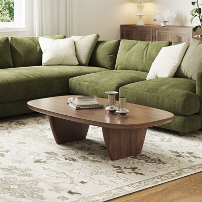 Table basse moderne à grain de bois ovale moderne avec deux pieds de soutien