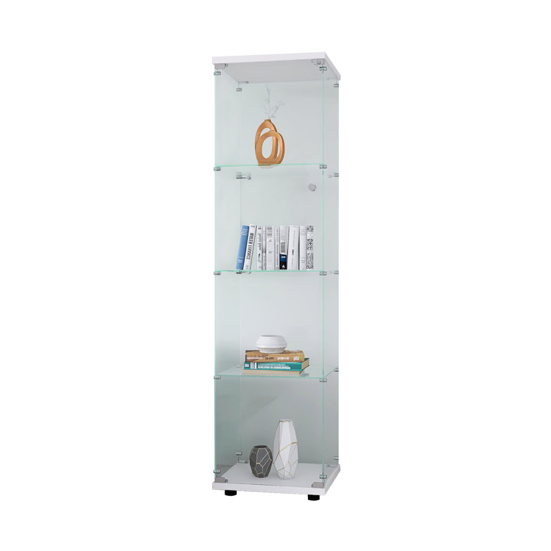 4-Shelf White Glass Display Holder - For Displaying Medals & Decor 64.7"X16.7"X14.3 Case White, Floor Standing