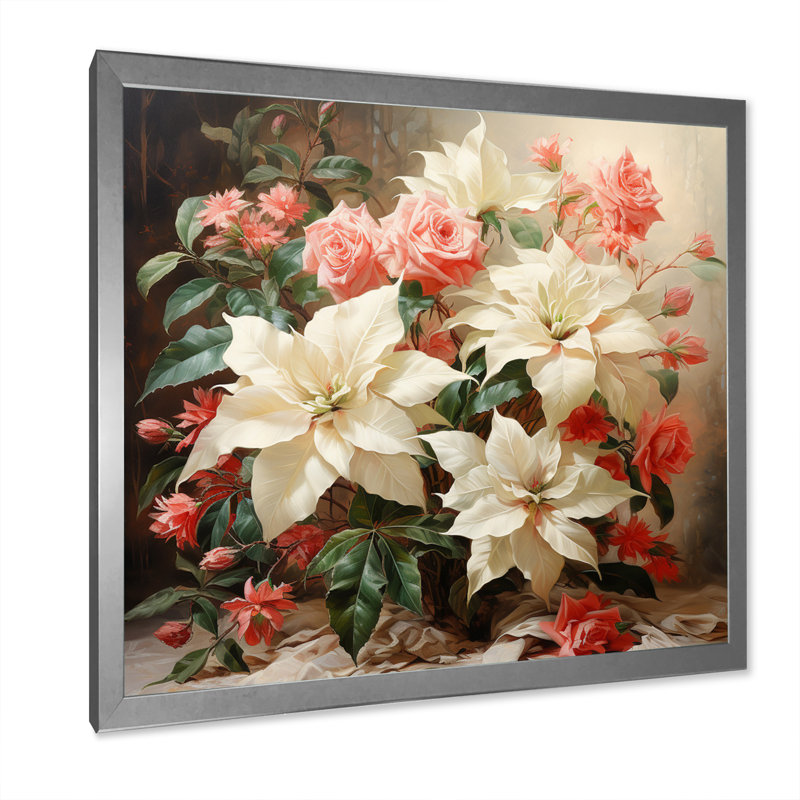 Impression romantique poinsettias, Cadre simple argenté, H 36 po x l 36 po x P 1,5 po