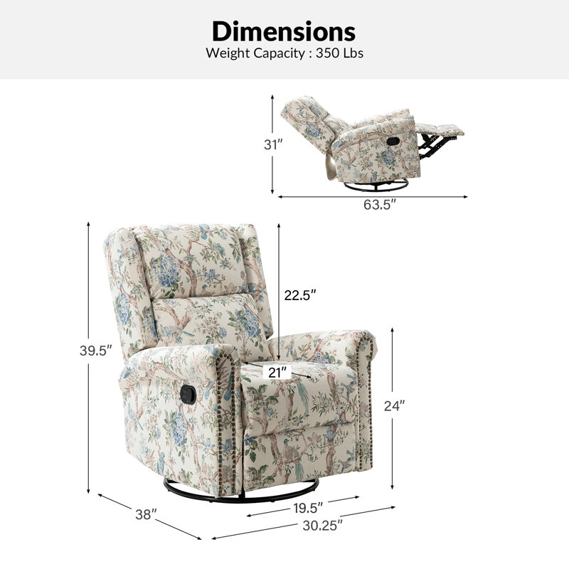 Alyissa Floral Print Manual Swivel Rocking Recliner with Nailhead Trims (Set of 2), Bird Polyester