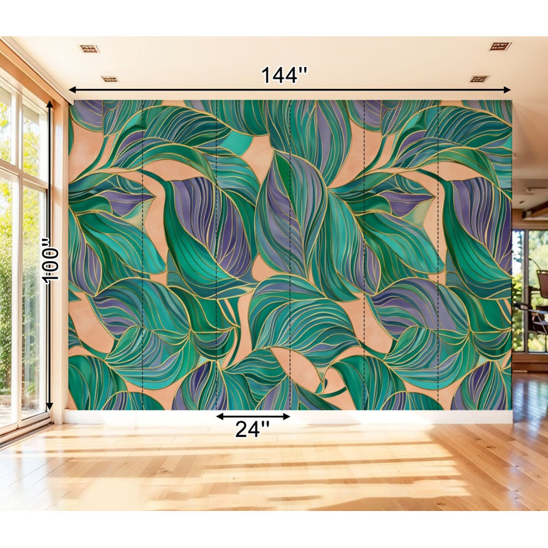 Papier peint adhésif pelez et collez, abstrait, botanique, vert, mauve, feuilles tropicales, art mural auto-adhésif et amovible