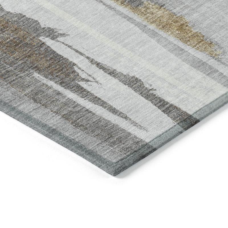 3' X 5' Ivory And Gold Abstract Washable Indoor Outdoor Area Rug