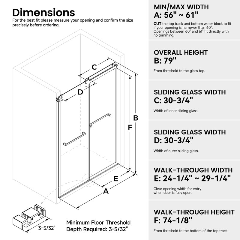 62-67" W x 60" H Frameless Double Sliding Tub Door, 3/8" (10mm) SGCC Clear Tempered Glass with R5 Beveled Edge, Shatter-Resistant Anti-Explosion Film, Easy-Clean Coating & Installation Hole Locator