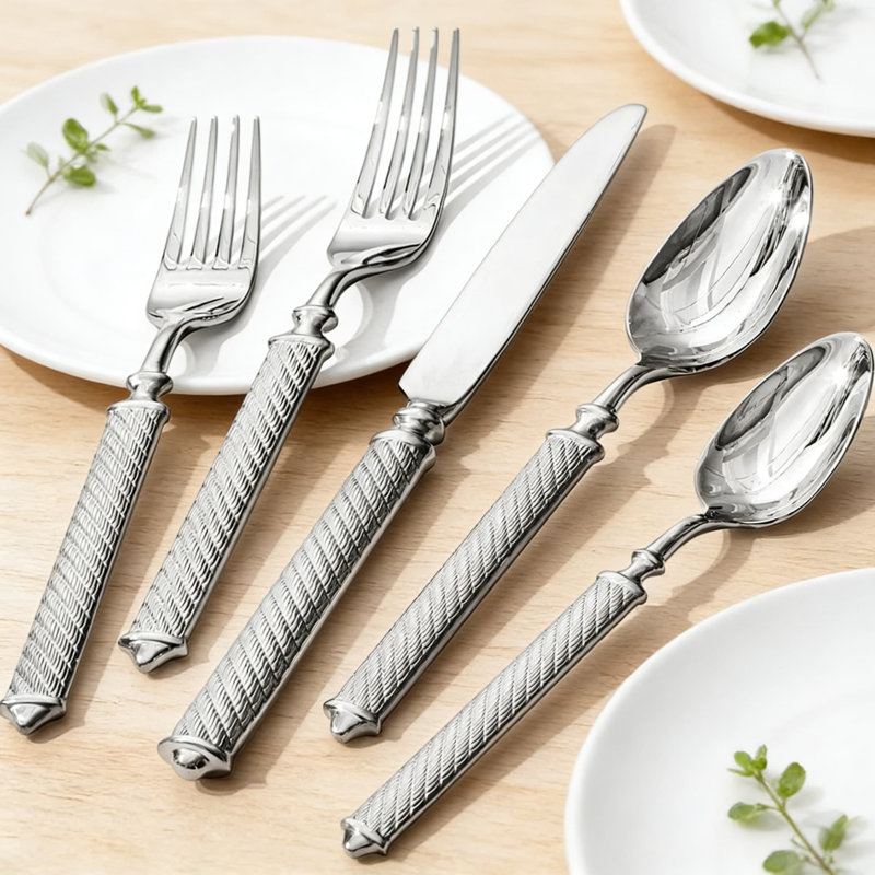 Ensemble de couverts 20 pièces à motif de corde rétro, poignées texturées à la main, acier inoxydable 18/10, va au lave-vaisselle, couverts durables pour les repas de tous les jours et les occasions spéciales