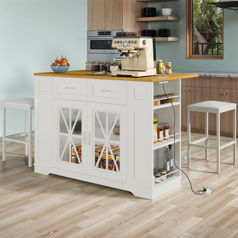 47" Large Portable Kitchen Island Dining Bar Kitchen Table with Drop Leaf and 2 Stools, White/Oak Wood