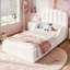 Lit de sol double Teddy, recouvert de tissu, cadre de lit pour enfant bas avec tête de lit festonnée. Blanc-1619029238