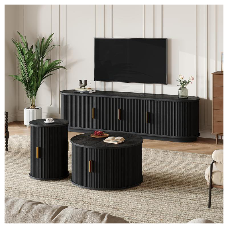 Wooden TV Stand & Coffee Table Set with Fluted Sliding Doors for TVs up to 75", Golden Handles Media Console with Cable hole, Farmhouse Round Center Table for Living Room, Black