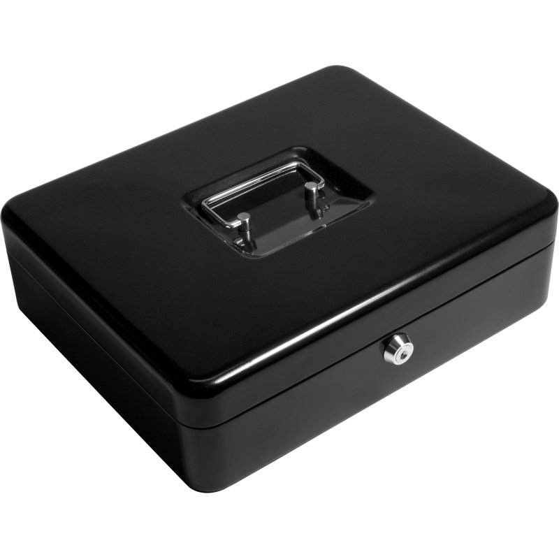 Black Steel 12-Inch Cash Box with Key Lock and Coin Trays