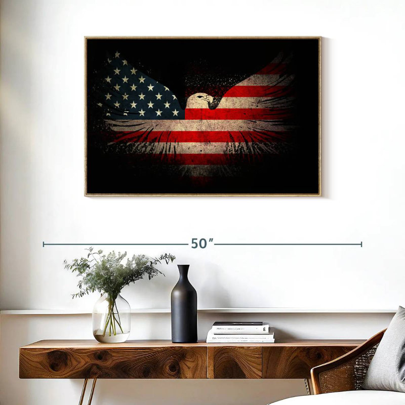 Aigle américain et drapeau, Cadre flottant en bois naturel, 37 po x 25 po