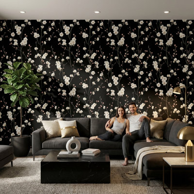 Floral Wallpaper Black Vintage Decorative Mural