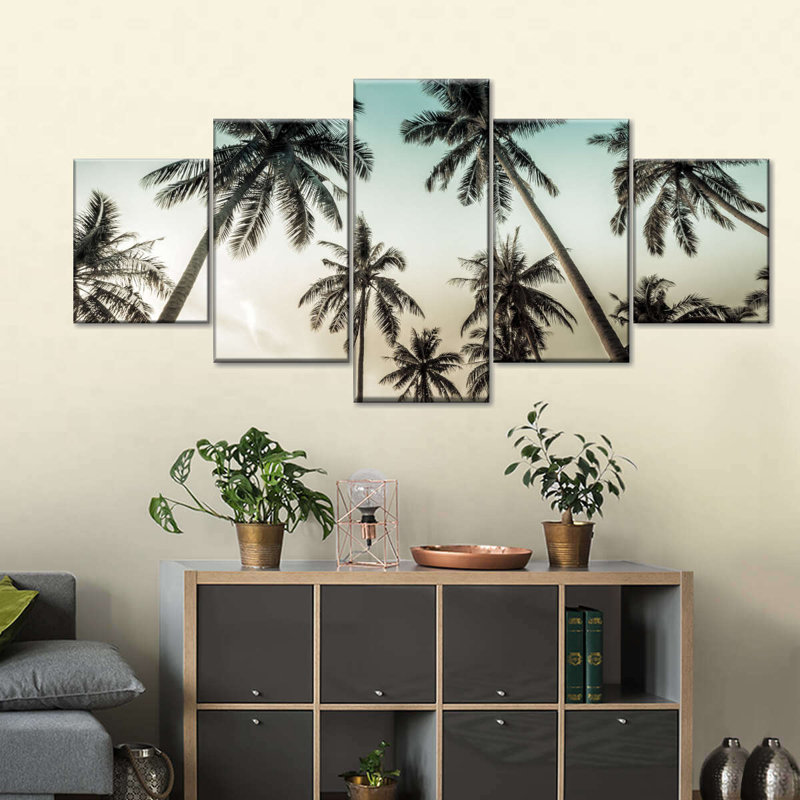 «Dawning Above Palm Trees on Canvas», reproduction de 5 pièces, H 30 po x l 68 po x P 1,25 po
