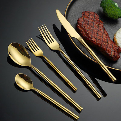 Ensemble de couverts 30 pièces en acier inoxydable avec poignées en bambou, couverts polis miroir pour la maison et le restaurant, va au lave-vaisselle