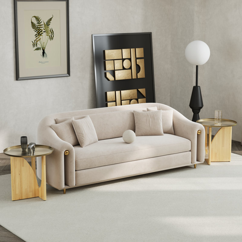Ensemble de 2 tables de bout rondes avec plateau en or brossé et base en bois massif, Jaune