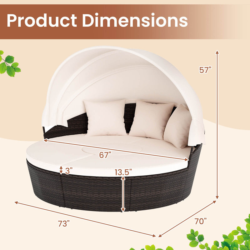 Patio Round Daybed Pe Rattan Cushioned Sectional Seating With Retractable Canopy