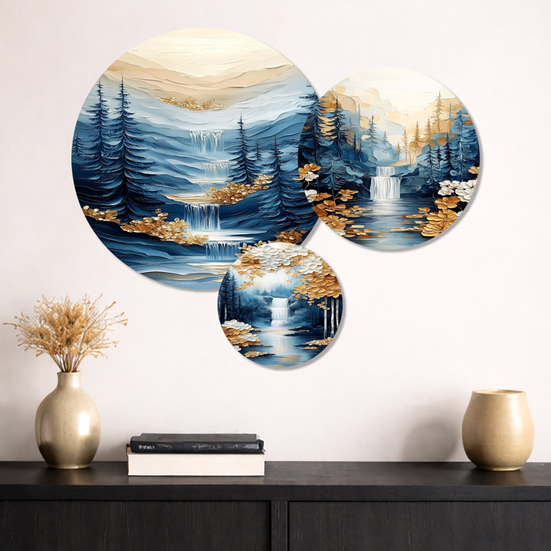 "Cascade Valley" - bleu et bleu, art mural 3 pièces