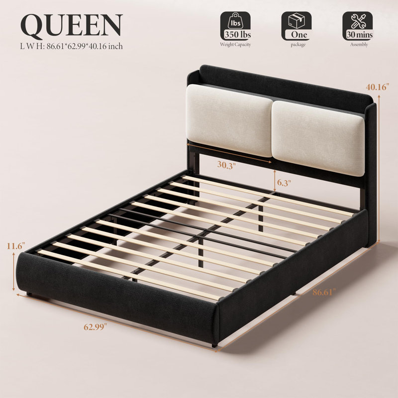 Structure de lit grand tapissier avec tablette et tiroirs - noir et beige