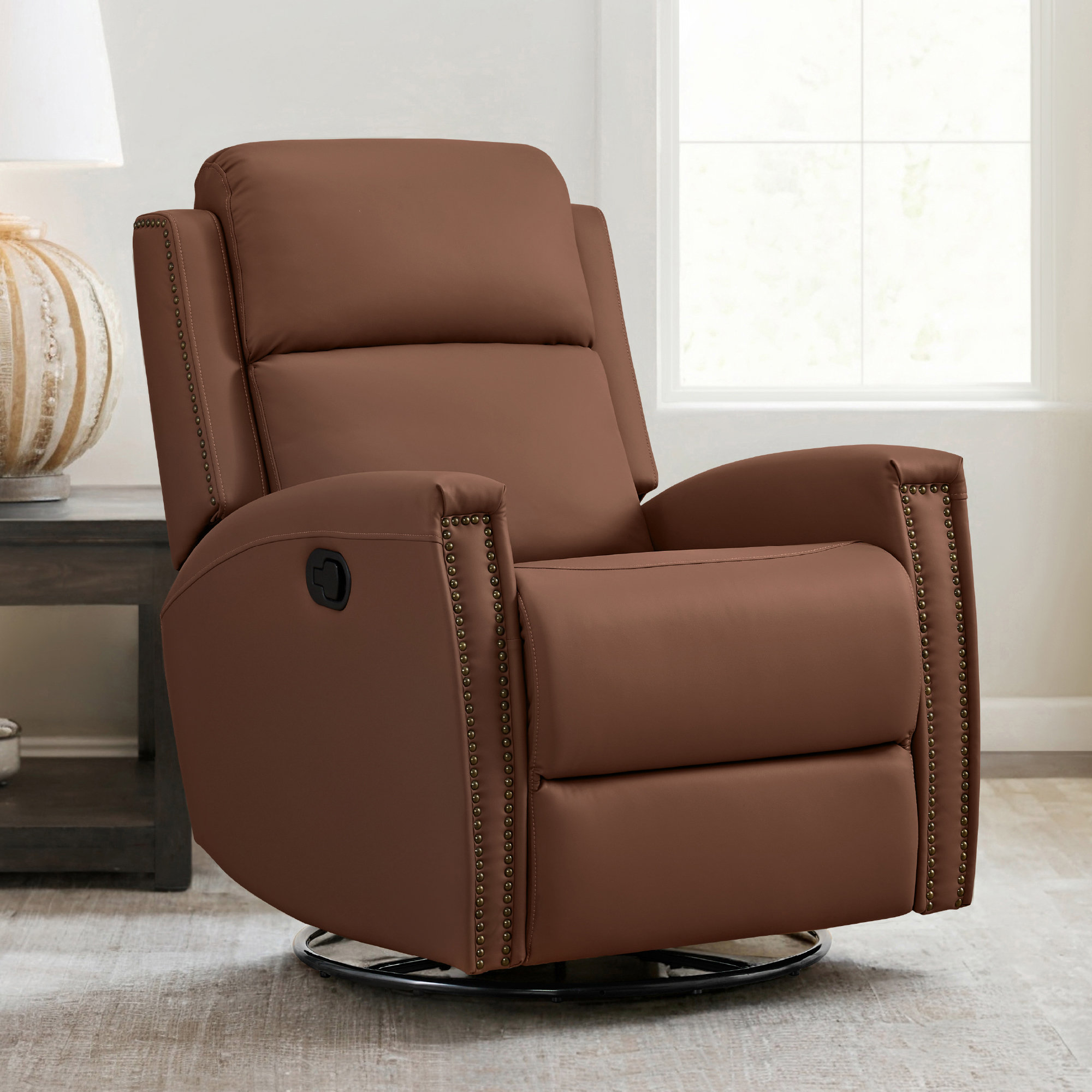 Brown Faux Leather Recliner Chair with Nailhead Trim by Red Barrel Studio, image size:2000x2000