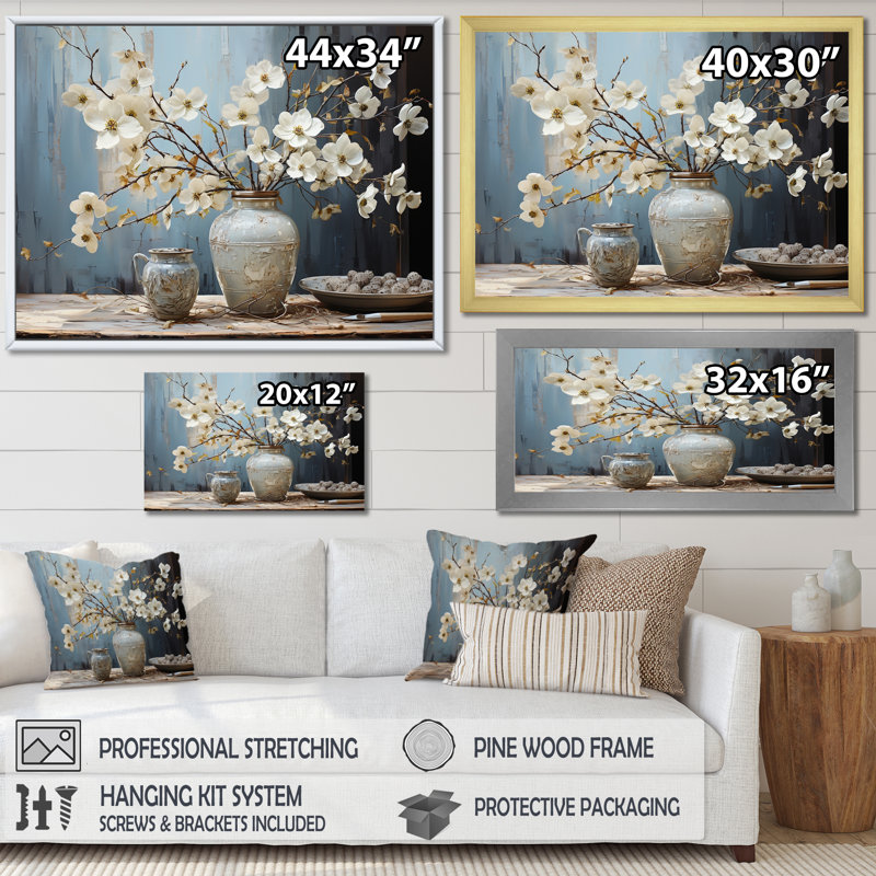 Cornouiller en fleurs, art mural, H 12 po x l 20 po x P 1 po, Cadre flottant blanc