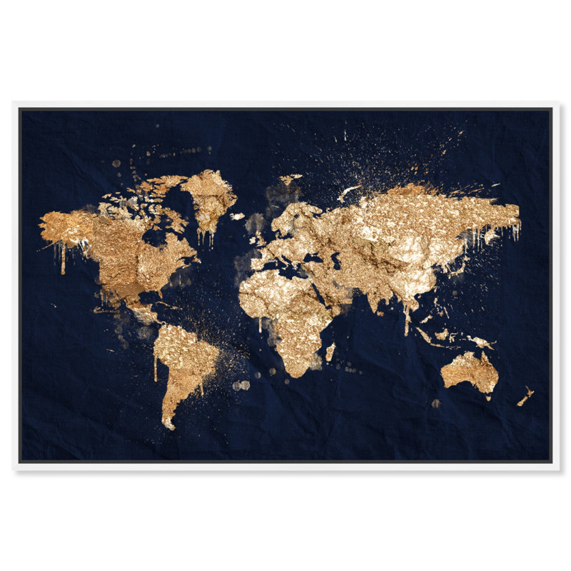 Mapamundi Metallic World Splash Modern - cadre photo, impression, H 10 po x l 15 po x P 1,75 po, Toile avec cadre blanc