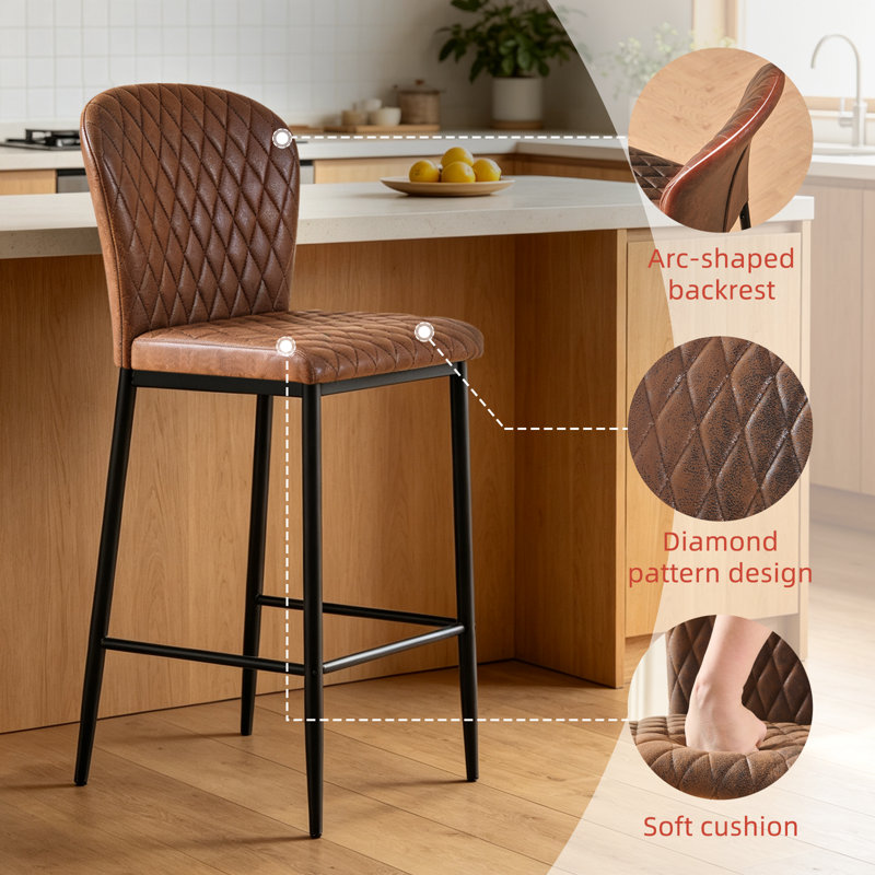 Modern Velvet/Suede Diamond-Tufted Upholstered Bar Stool, Armless Counter Height Stool with Sturdy Metal Legs (Set of 2/4), 4
