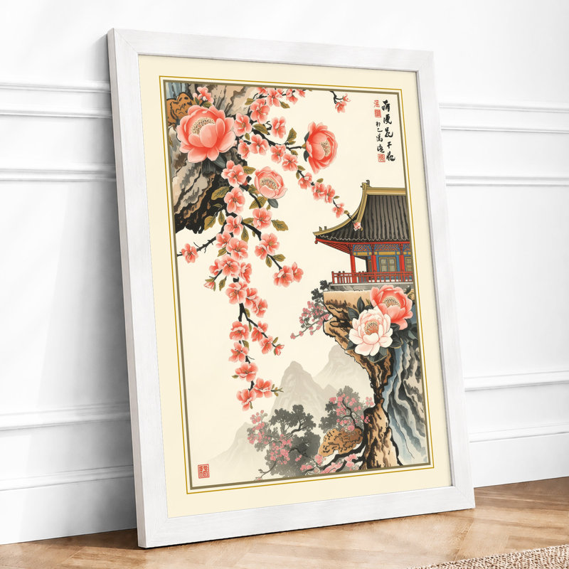 Pagoda Among Blossoms Japandi - Framed Print, A1 - 84.1 x 59.4 cm, White