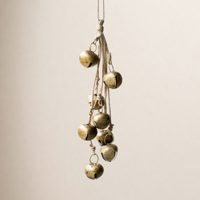 Kalalou Gold Jingle Bell Bunch 12" – Hanging Christmas Decoration on Jute Rope