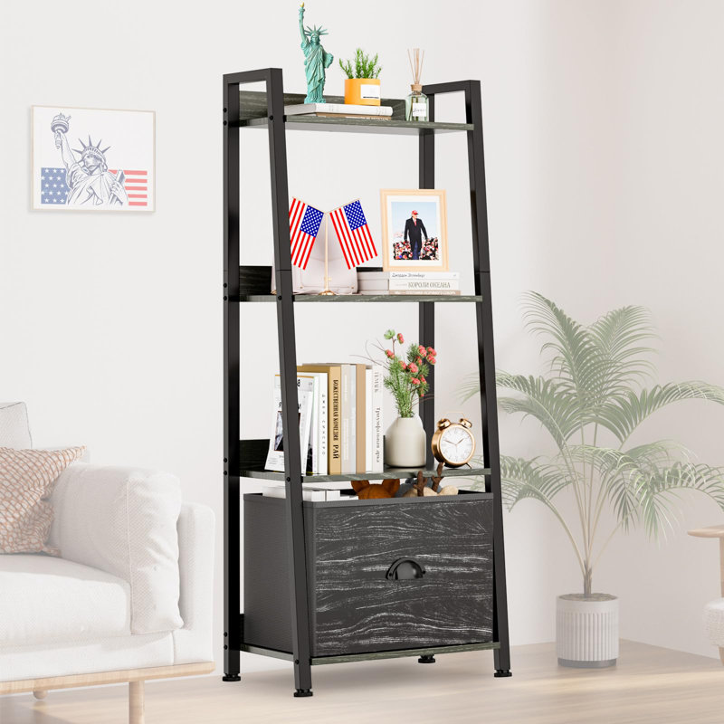 Black 4-Tier Ladder Bookshelf with Removable Drawer