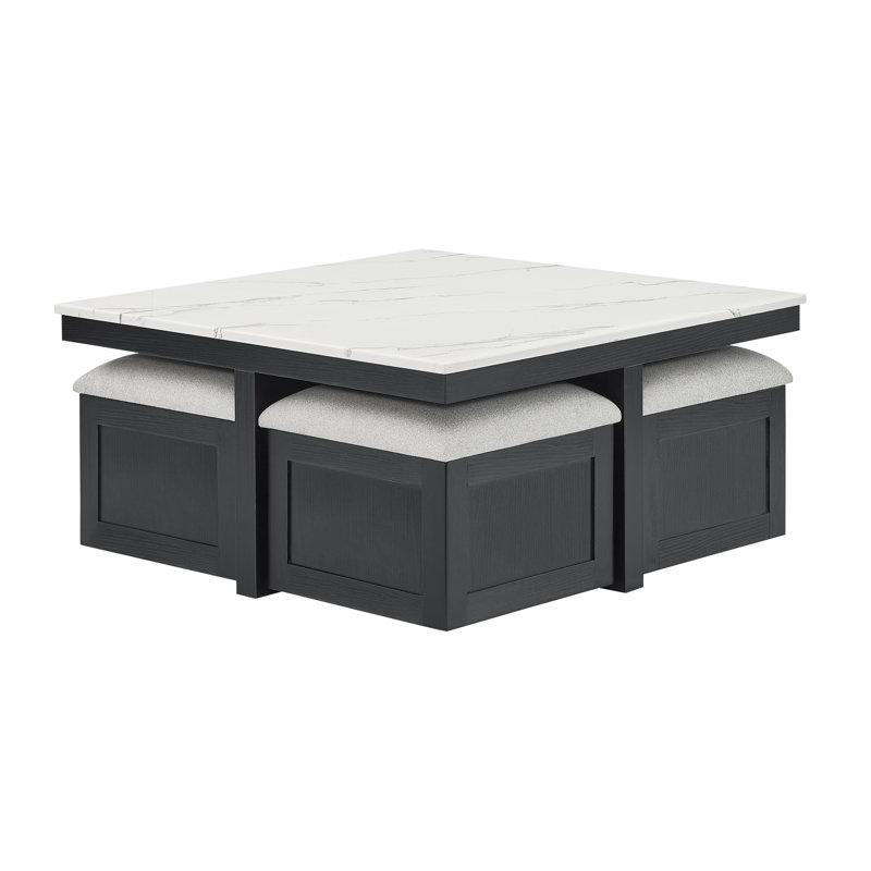 Ensemble de table basse polyvalent en faux marbre avec poufs de rangement