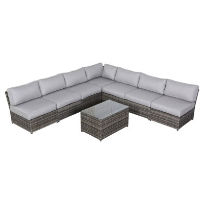 Ensemble de conversation pour patio de 6 pièces pour 6 personnes entièrement assemblé, structure rouille, coussins de siège de 5 po, canapé modulaire réarrangé à 6 places, comprenant 7 chaises modulaires modulaires, table basse à plateau en verre, moelleux