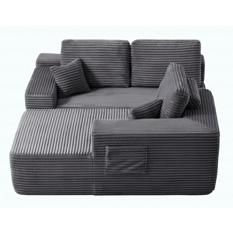 Canapé modulaire de 104 po avec méridienne en forme de L et poches latérales, conception modulaire moderne, assise profonde, canapé rembourré pour le salon / chambre à coucher, sans assemblage requis (tissu moelleux), gris, droite