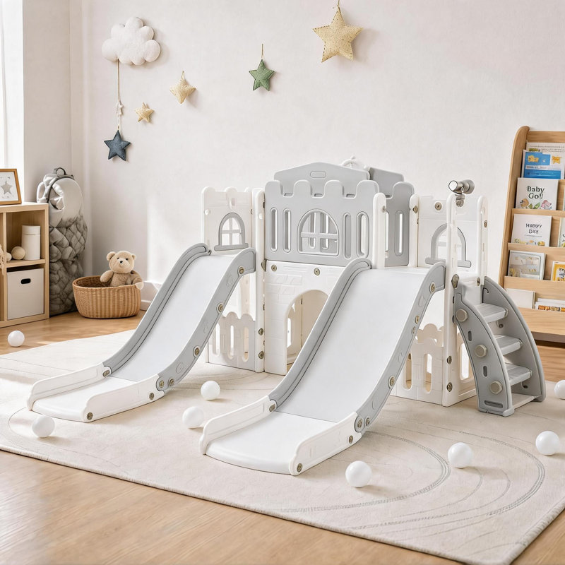 Aire de jeux 10-en-1 pour enfants avec glissade, structure d'escalade, panier de basketball, tunnel, rangement et jeu de lancer d'anneaux. Parfait pour l'intérieur et l'extérieur.