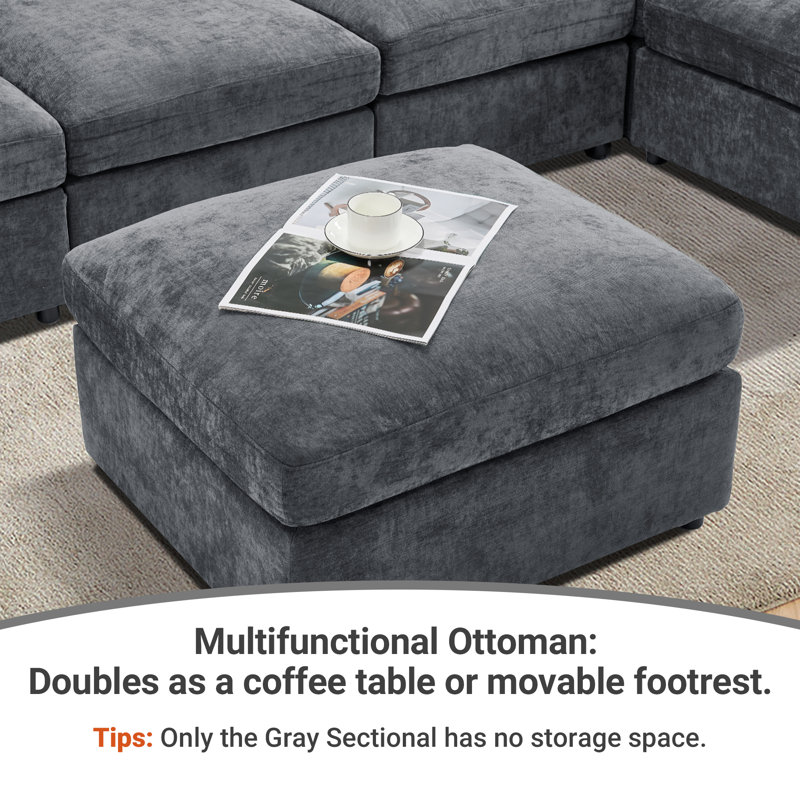 Sarang 4-Piece Modular Cloud Couch Reversible Sectional with Ottoman, Blue Gray Chenille