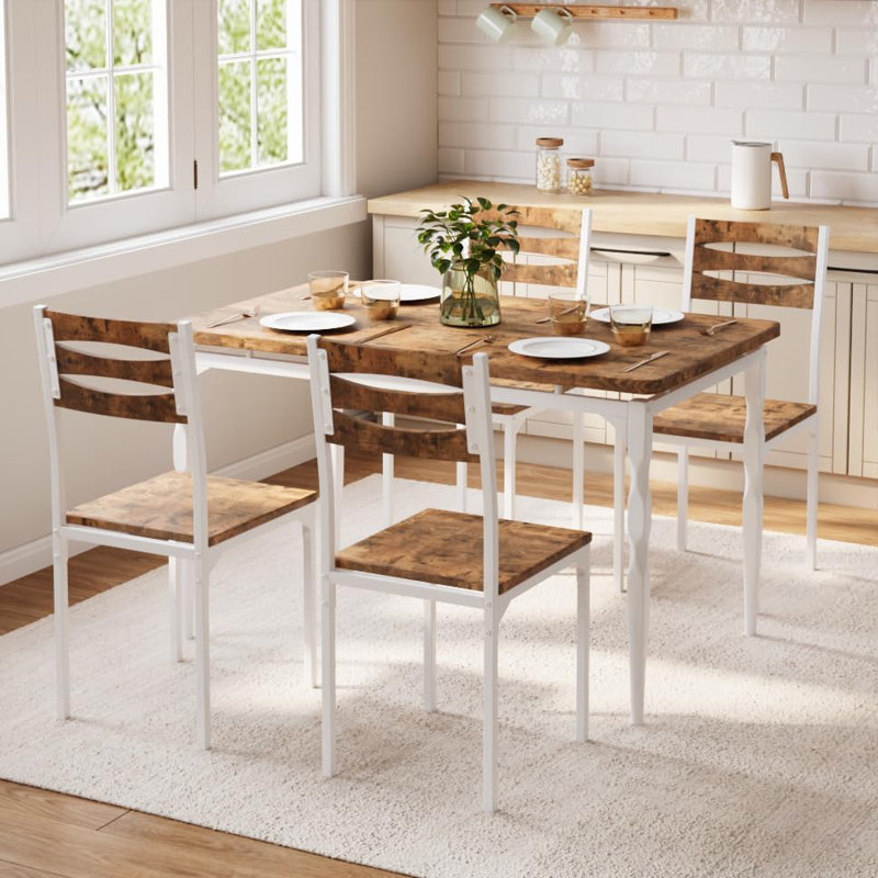 5-Piece Industrial Dining Table Set for 4, Kitchen Table & Chairs for Small Spaces, White, Brown