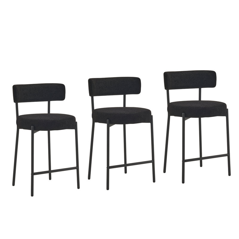 25" Upholstered Modern Counter Height Bar Stools with Curved Back and Metal Frame, Black Faux Fur