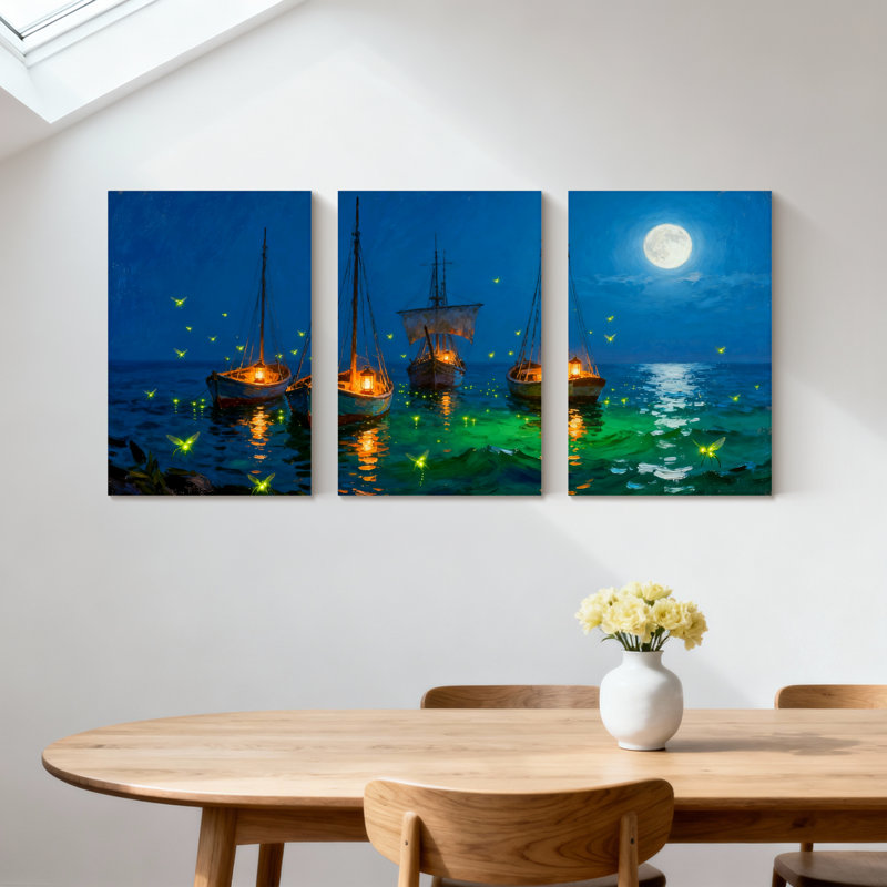 Nautique au clair de lune, bateaux océaniques, lucioles, ensemble de 3 reproductions d'art sur toile, H 18 po x l 36 po