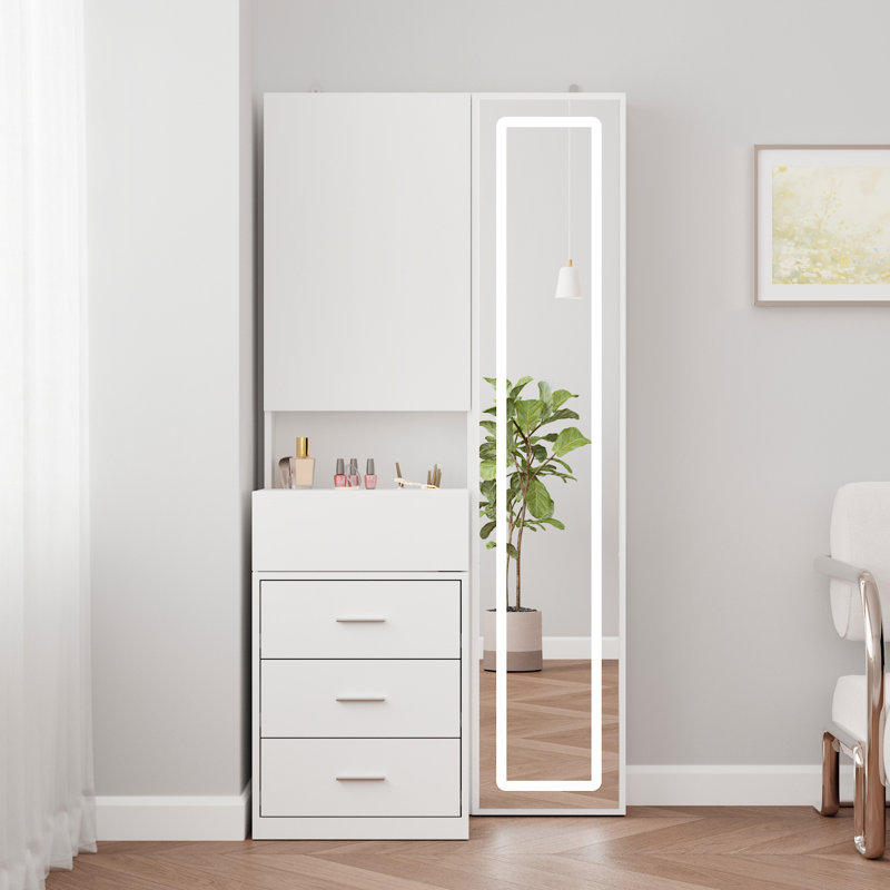 Organisateur de beauté avec miroir lumineux et tiroirs de rangement, Rose