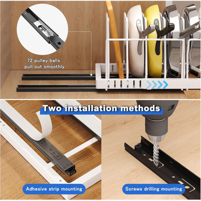 Pots and Pans Organiser sous l'armoire, porte-couvercles avec couvercle à casserole avec garde-corps adhésif et support à casseroles avec 10 séparateurs réglables
