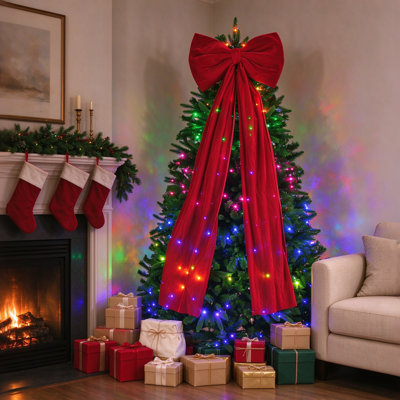 Arbre de Noël artificiel illuminé de 6 pi, 300 lumières DEL RVB avec contrôle d'application, ampoules Edison, embouts en PE / PVC, comprend un grand nœud en velours rouge