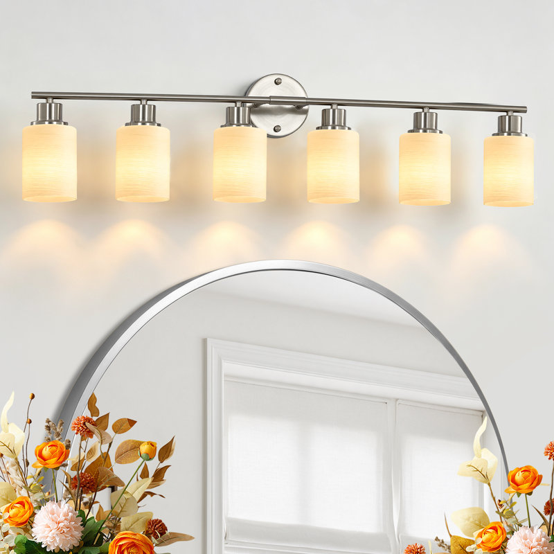 Applique murale à 6 lumières avec variateur et abat-jour en verre blanc, Nickel satiné et blanc, 6