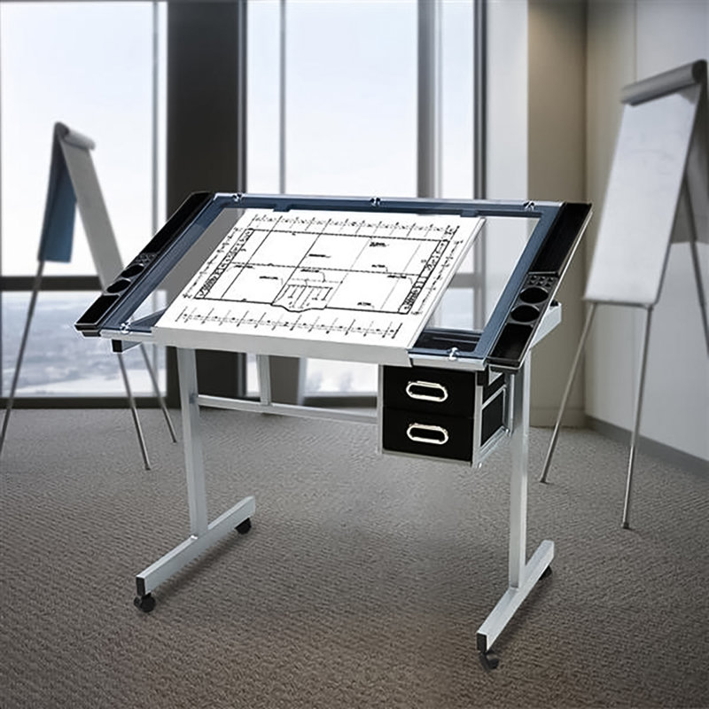 Kimbla Adjustable Glass Top Metal Base Drafting Table