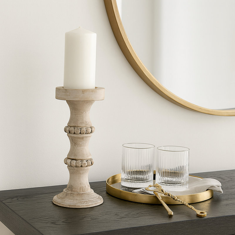 Handmade Rustic Solid Wood Tabletop Candlestick, 11" H x 5" W x 5" D, Ivory/Beige