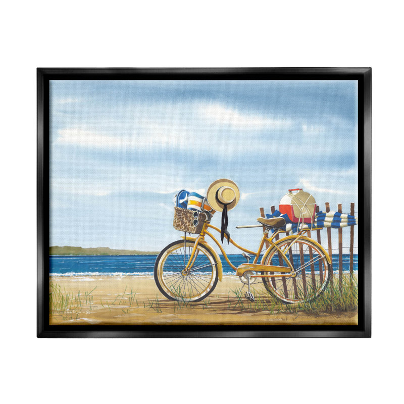 «Summer Bike Beach Day Waves» par John Rossini - peinture sur toile à cadre flottant, H 25 po x l 31 po x P 1,7 po