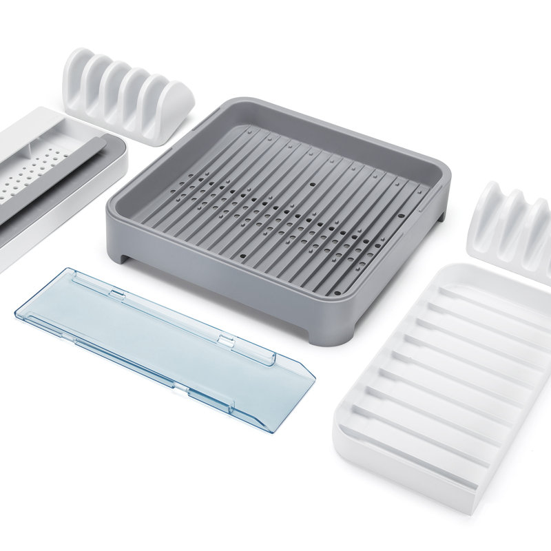 White and Gray Foldable Plastic Countertop Dish Rack with Utensil Cup