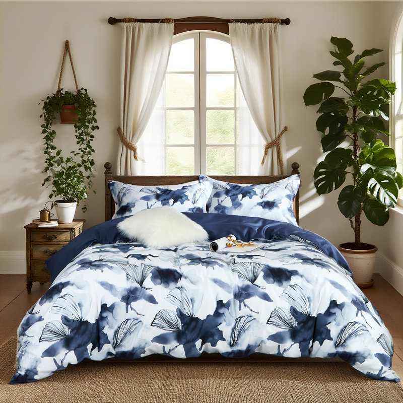 Lunaria Yaneris Dark Blue Ginkgo Leaf Duvet Cover Set – 3 Piece, 100% Long-Staple Cotton, Watercolor Print
