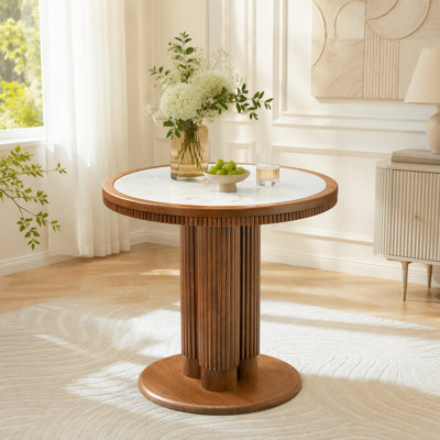 Mid-Century Round Dining Table with Sintered Stone Inset and Fluted Column Pedestal