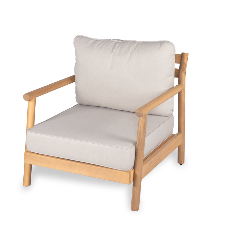 Fauteuil club de patio en bois d'acacia (1 pièce) - Finition teck, coussin beige résistant à l'eau
