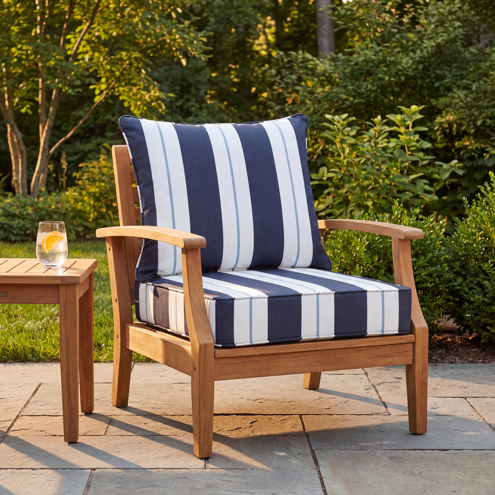Deana Sunbrella® Seat and Back Cushion, Navy Stripe Sunbrella®, 23" W x 23.5" D