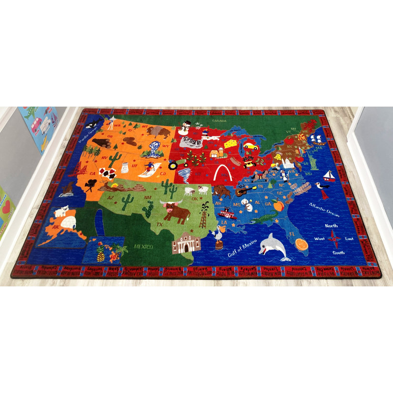 Tapis pour salle de classe ou salle de jeux KidCarpet From Sea to Shining Sea Map of USA, rectangulaire 7 pi 6 po x 12 pi