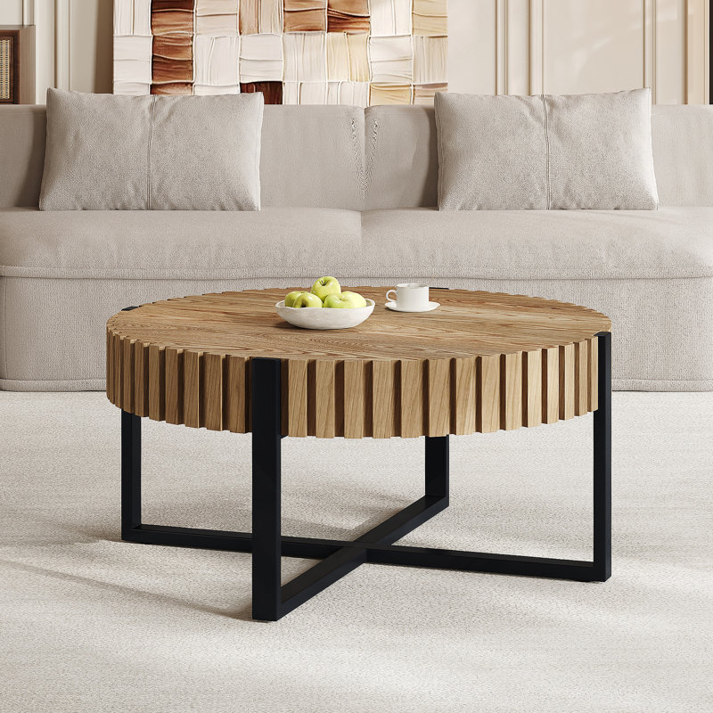 Table basse ronde, table basse cylindrique fabriquée à la main avec engrenage et base en métal croisée, plateau en panneau de fibres à densité moyenne à grain de bois, table basse compacte moderne de 31,5 po pour le salon