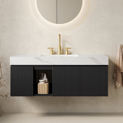 Meuble-lavabo suspendu EIDEN 122 cm (48 po), lavabo en céramique avec comptoir en pierre frittée blanche de Carrare et trois trous pré-percés pour robinetterie, démonté, sans robinetterie ni bonde, couleur noire
